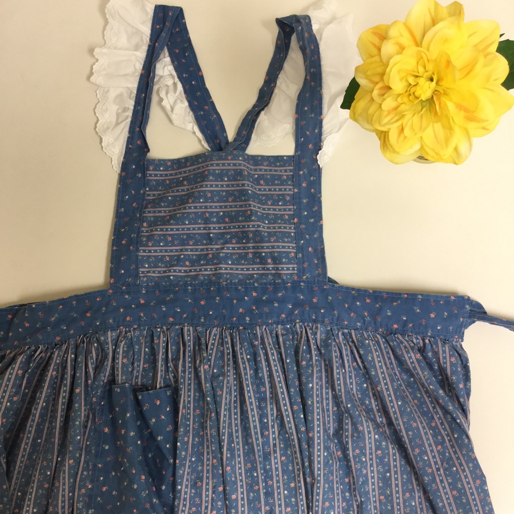 Blue & Pink Rose & Striped Ruffled Apron Maid